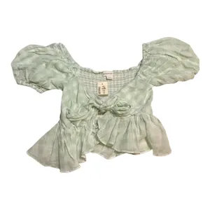 Aéropostale Gingham Puff Sleeve Tie Front Peplum Crop Top Green Size Small NWT thumbnail 6