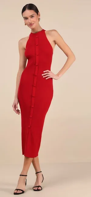 NWT Lulus Sunia Red Sleeveless Button-Front Midi Sweater Dress Wedding Party M thumbnail 1