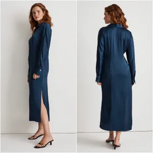 Dress Satin Button-Front Midi Classic Indigo 8 NWT New thumbnail 3