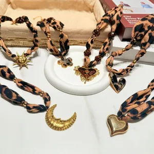Leopard Print Scarf Necklace Gold Heart Pendant Statement Necklace NIB thumbnail 2