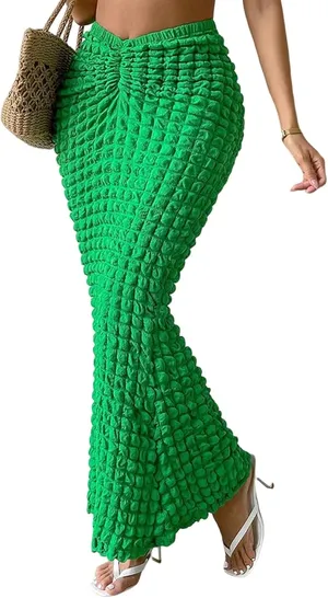 Green Textured Pleated Maxi Skirt thumbnail 1