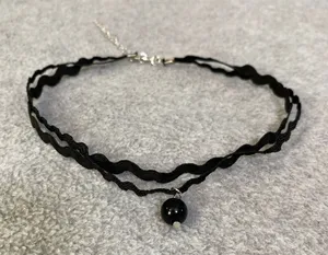Choker Necklace Women Black Layered Wavy Ribbon Bead 90s Goth Grunge Alt New thumbnail 1