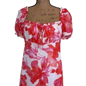 Wayf Felicity Midi Dress Pink Red Tropical Floral Milkmaid Puff‎ Sleeve Medium thumbnail 2