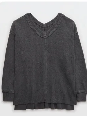 Aerie Wonder Textured V-Neck Sweatshirt thumbnail 2