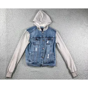 Mixed Media Denim Jacket Women S Blue Distressed Hooded Grunge Punk‎ y2k Stained thumbnail 2
