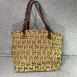 Michael Kors Tote Bag Purse Womens Large Tan Brown Signature Monogram Wallet Set thumbnail 2