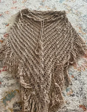 Hazel Tan Crochet Fringed Poncho Open Knit Boho Festival Wrap One Size thumbnail 1