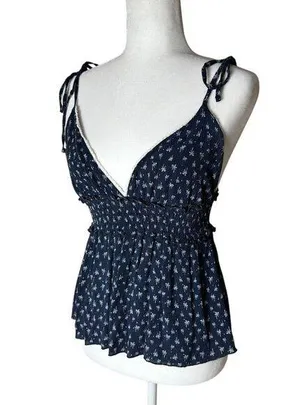 SYSTEMACTION Navy Blue Print Lace Trim Peplum Top Size Medium thumbnail 1