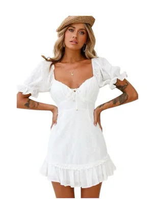 Selfie Leslie Hayden Puff Sleeve Eyelet Embroidery Dress White Sun Dress Size L thumbnail 1