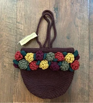ANTHROPOLOGIE brown crochet wool bag with crochet flowers, NWT thumbnail 1