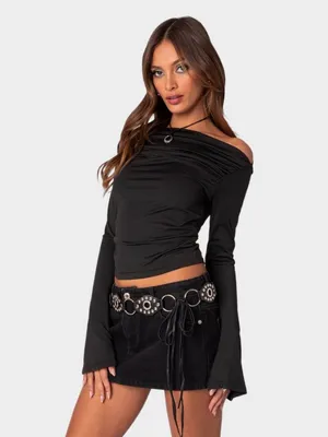 Edikted Dana gathered top off the shoulder ruched long bell sleeve going out M thumbnail 2