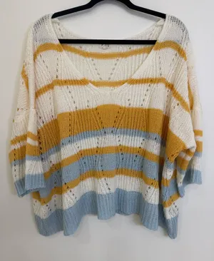 POL-Striped V-Neck Knit Sweater in White, Mustard & Light Blue women size M thumbnail 1