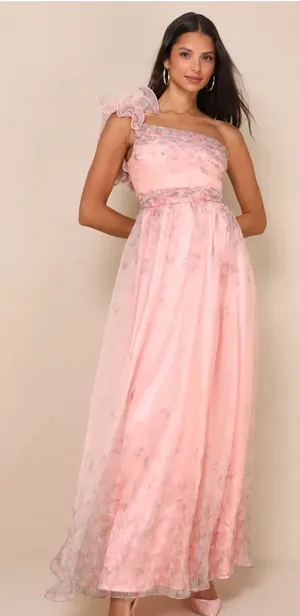 Lulus Decadent Dreamer‎ Pink Floral Backless One-Shoulder Maxi Dress Size Medium thumbnail 1
