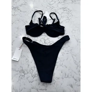 NWT Quince Black Italian Demi Bikini Top & High Leg Ring Bottom Set Size Medium thumbnail 2