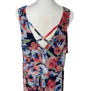 Blue Orange Floral Maxi Dress M V Neck Crisscross Back Summer Boho thumbnail 5