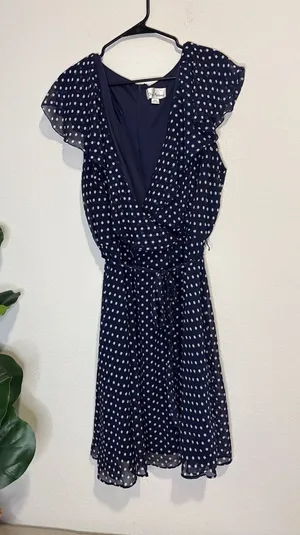 Olivia Matthews Navy Dress with White Polka Dots and ruffles thumbnail 1