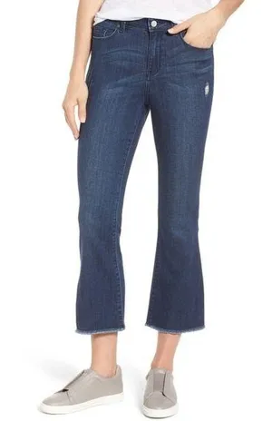Halogen Cropped Kick Flare Jeans High Rise Frayed Ankle Distressed Dark Wash 28 thumbnail 1