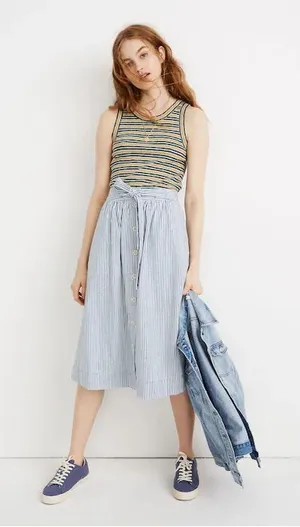 Madewell Tie Palisade Button-Front Midi Skirt in Pilar Stripe Blue White Size 8 thumbnail 1