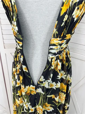 Aidan Mattox Floral Pleat V Neck Front Slit Formal Maxi Dress Black Yellow 8 thumbnail 8