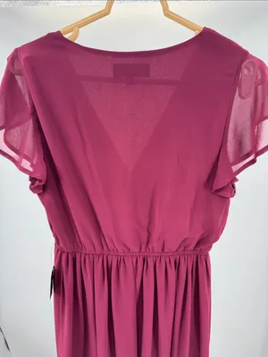 Lulus Lost in the Moment Burgundy Maxi Dress side slit S flutter sleeve bridesmaid thumbnail 4