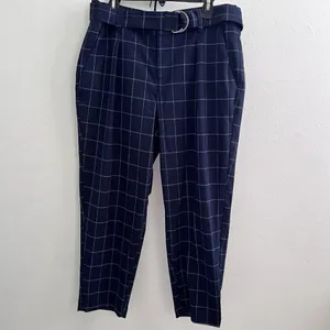 A New Day plaid Tapered crop Pants High Rise Size 14 Navy Blue Belted NEW thumbnail 4