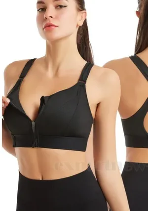 Sports Bras Women's Short Tank Top Zipper Front XL Adjustable Straps black gym thumbnail 1