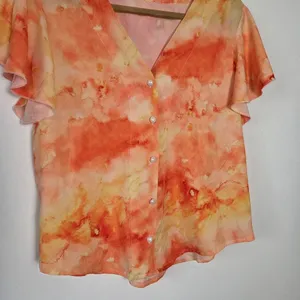 Orange Tie Dye Blouse Top Flutter Sleeves Feminine Fun Summer Hippie Gypsy Large thumbnail 7
