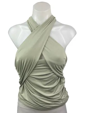 NEW Oh Polly Green Khaki Criss Cross Wrap Halter Ruched Blouse Tank Top Size 4 thumbnail 1