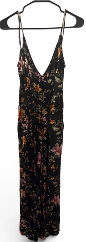 American Eagle Black Floral V-Neck Spaghetti Strap Jumpsuit thumbnail 1