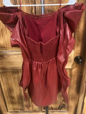 Anthropologie Red Faux-Leather Puff-Sleeve Mini Dress with Bow thumbnail 8