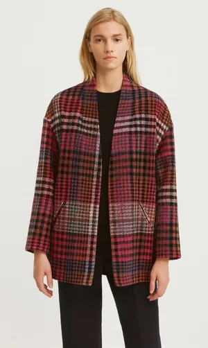 Rachel Zoe Plaid Tweed Wool‎ Blend Coat Pink Check Longline Jacket Size M thumbnail 1