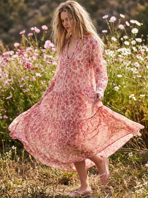Free People Dainty Ethereal See It Through Maxi Dress Pink Rose Floral Large thumbnail 1