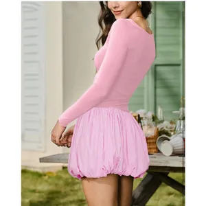NEW Elegant Long Sleeve Scoop Neck Puff Bubble Mini Cocktail Dress L thumbnail 2