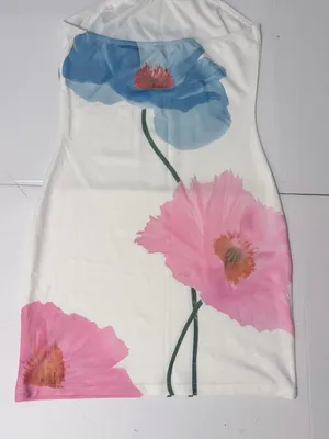 Strapless Mini Dress White Blue Pink Poppy Floral Stretch Size M No Tag thumbnail 5
