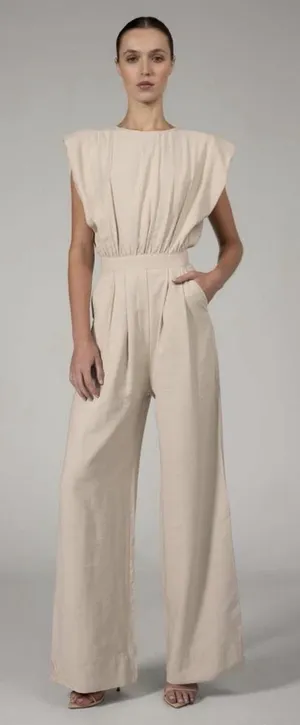 Nonchalant‎ Label Josie Jumpsuit In Oat Size Small Square Shoulder Pleated thumbnail 1