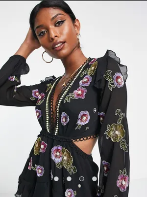 ASOS DESIGN black ruffle mini dress floral sequin pearl embellishment size 6 thumbnail 1