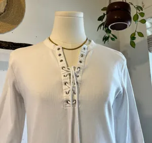 Ralph Lauren White Ribbed Lace Up Western Long Sleeve Cotton Top Size Medium thumbnail 1