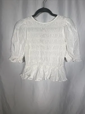 Zara Womens White Smocked Top Blouse Large 2298/062/250/L thumbnail 2