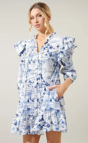 Sugarlips Francine Toile Sky Sammy Ruffle Drop Waist Dress Blue White Small‎ thumbnail 1
