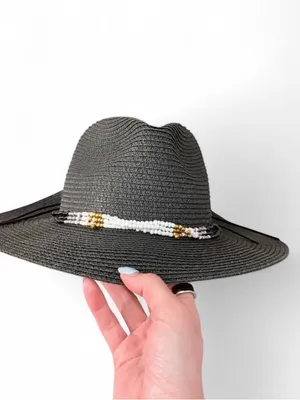 Black Wide-Brim Straw Hat with Beaded Band thumbnail 2