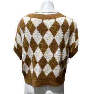 Free People Sweater Vest Womens Petite S Brown Ivory Argyle V-Neck Fuzzy thumbnail 4