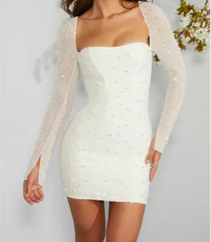 Oh Polly Mini Dress Embellished Long Sleeve White thumbnail 1