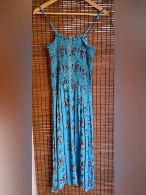 Vintage Angie Turquoise Floral Smocked Cottagecore Midi Dress M thumbnail 2
