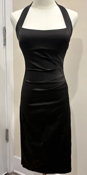 VTG Y2K Cache Black Satin Halter Ruched Bodycon Cocktail Wiggle Dress Pinup Sz 2 thumbnail 1