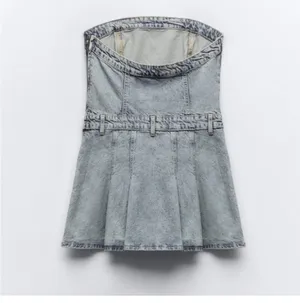 ZARA Pleated TRF Strapless Denim Mini Dress thumbnail 3