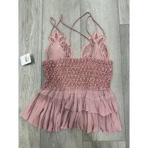 Free People Adella Cami Crochet‎ Lace Sleeveless Tiered Boho Western Top Mauve S thumbnail 4