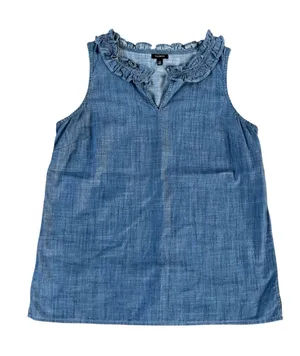 Talbots Denim-Effect Ruffle Neck Sleeveless Top - Blue thumbnail 1
