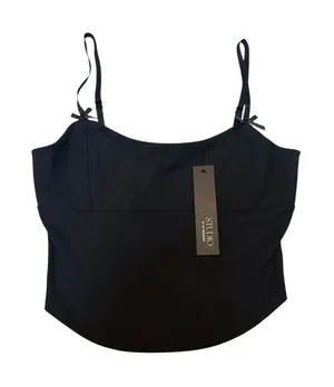 Bow Strap Cami Camisole Tank Top Black Ribbed Corset Style Coquette Whimsigoth thumbnail 1