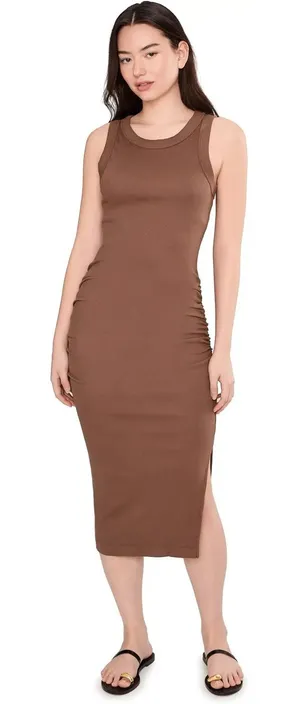 Michael Stars Wren Ribbed Tank Midi Dress Brown XL Side Slit Ruched Sleeveless thumbnail 1