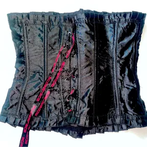 Burlesque Corset Black Satin Lace Up Ribbed Ruffle Fairy thumbnail 1